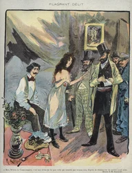 Illustration av Maurice Radiguet (1866-1941) för den franska tidskriften "" Le Rire""" nummer 46 de 1895 - "" Flagrant Delit""" - Ben monsieur kommissarie, det är en rolig lag som förbjuder med 35 graders värme från bli till mods""