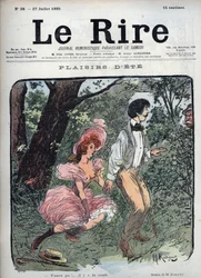Summer Plaisirs - Två älskare överraskas i en skog av en förbipasserande - Lustration av Maurice Radiguet (1866-1941) för den franska tidningen "" Le Rire"" nummer 38 de 1895
