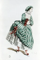 Colombines (Corallina) dräkt och mask år 1855, kvinnlig figur i commedia dell