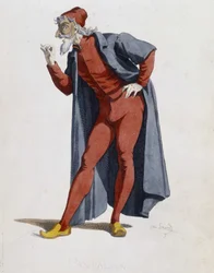 Kostym och teaterkaraktär: Pantalone (Byxor, läkare) Däck från "" Masques et bouffons"" (italiensk komedi), text och teckningar av Maurice Sand, tryck av A. Manceau, förord av Georges Sand, Paris, Michel Lévy Frères