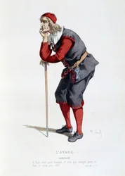 Dräkt för gestalten Harpagon i pjäsen ”Den girige” av Molière (Jean-Baptiste Poquelin). Illustration av Maurice Sand (1823-1889), 1800-talet, Paris, Comédie-Française