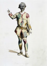 Harlekin (Arlecchino) ur «Masques et bouffons» (italiensk komedi), text och teckningar av Maurice Sand, tryck av A. Manceau, förord av Georges Sand