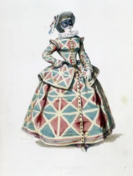 Harlekinkostym och mask år 1855, kvinnlig Harlekinfigur i commedia dell