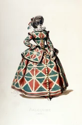 Harlekindräkt och mask år 1855, kvinnlig Harlekingestalt i commedia dell