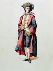 Lelio ritar från "Masques et bouffons" (italiensk komedi), text och teckningar av Maurice Sand (1823-1890), gravyrer av A. Manceau, förord av Georges Sand, Paris, Michel Levy Freres