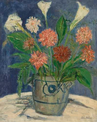 Vase med arumliljor och dahlior, ca 1932 (olja på duk)