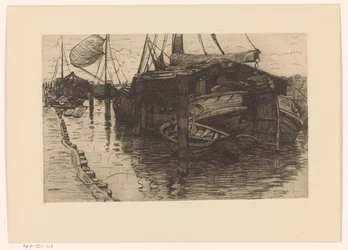 Förtöjda båtar i en hamn Förtöjd segelpråm (originaltitel)