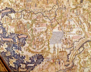 Vy över Kina (Cambaluc, nu Peking) Detalj av världskartan (mapamundi) av bror Maurus (Mauro) Camaldolese 1459 (karta)