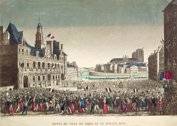 Ankomsten av hertigen av Orleans till Hotel de Ville, 31 juli 1830, graverad av Cropin