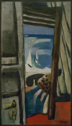 Utsikt över havet, röd, grå, blå