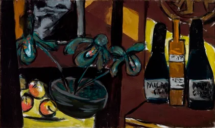 Stilleben på brunt och gult (champagneflaskor och orkidéer)