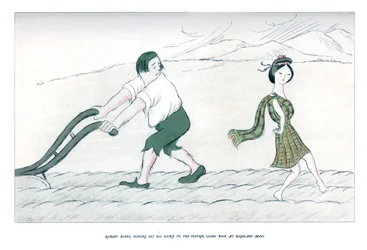 Robert Burns, som har lagt sin hand till plogen, ser tillbaka på Highland Mary, 1904.