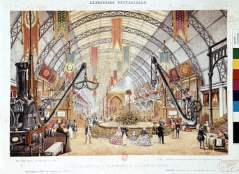 Exposition Universelle 1855: Invändig vy av maskinrummet vid Palais de l"Industrie, 1855