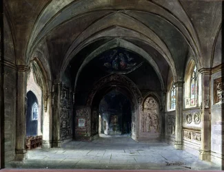 Dekoration för "" Die Meistersinger"" eller "" Les maitres singteurs de Nuremberg", opera av Richard Wagner. Scenografi av Bruckner, Akt I. Wagner Museum Bayreuth.