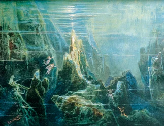 Tyskland, Bayreuth, scenografi för föreställningen ”Nibelungens ring - Rhenguldet” av Richard Wagner, Rhendöttrarna