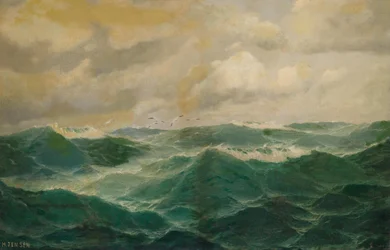 Fiskmåsar över vågigt hav