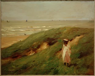 Dune nära Noordwijk med barn - flicka i sanddynerna