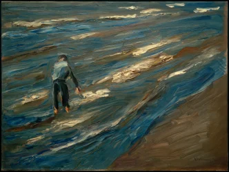 Musselfiskare på stranden - blått hav