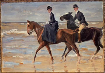 Ryttare och ryttarinna på stranden