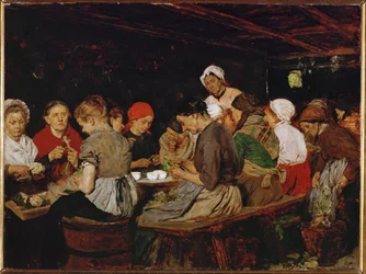 Kvinnor i en konserveringsfabrik (olja på mahognyträ)