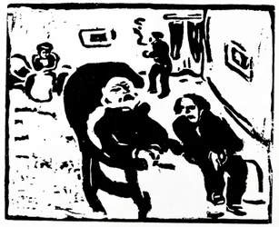 Träsnitt som föreställer människor som sitter i en lounge