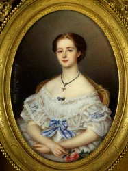 Porträtt av kvinna med blått band Målning av Maxime David (1800-talet) 1858 Paris, Dekorativ konst.