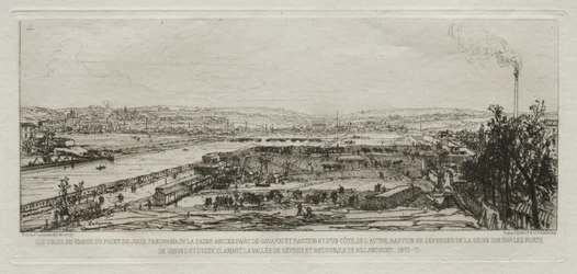 Konstnärliga minnen av belägringen av Paris: Utsikt från Pont-du-Jour viadukten..., 1870-71.