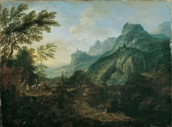 Idealiskt bergslandskap med hembygdsgård