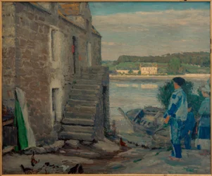 Strandlandskap med hus
