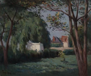 Landsscen med tre hus och träd