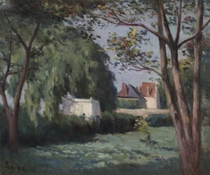 Landsscen med tre hus och träd, ca 1900
