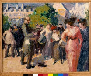 Gatuscen. En tiggare med en vevlira spelar i en trädgård i Paris. Målning av Maximilien Luce (1858-1941). Olja på duk. Privat samling
