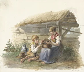 Flicka och pojke med en korg med unga fåglar