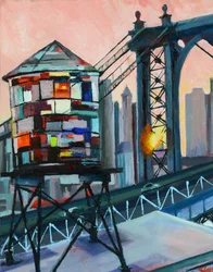Solnedgång vid vattentornet vid Manhattan Bridge