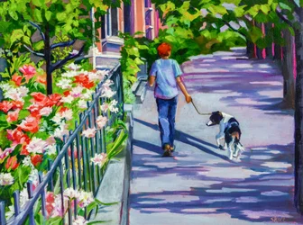 En solig promenad på trottoaren