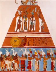 Fresker i Bonampak, Chiapas (Mexiko). Detalj som visar en processionsscen. Mayacivilisationen, 800-talet.