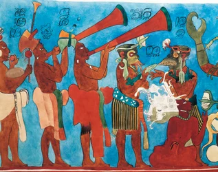 Reproduktion av Bonampak fresker, detalj med musiker från Mexiko, Chiapas, Bonampak (fresco)
