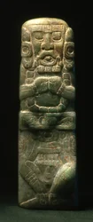 Statyett placerad i invigning nedför den hieroglyfiska trappan, Copan, sen klassisk period (600-900) (jade)
