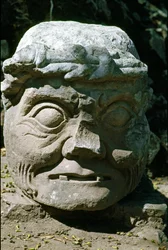 Stenskulptur av ett gammalt manshuvud kallat den gamle mannen från Copán, tempel 11