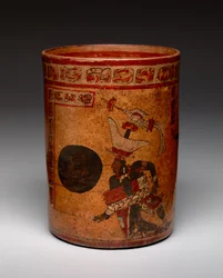 Cylindriskt kärl med bollspelsscen, sen klassisk period, c.682-701 (keramik)