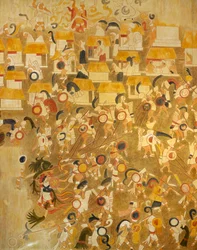 Rekonstruktion av en Maya-målning från Chichen Itza (Yucatan, Mexiko) föreställande en stridsscen. Maya civilisationen.