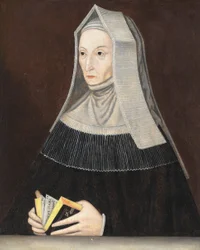 Porträtt av Lady Margaret Beaufort (1441-1509), halvlångt, i svarta kläder och en vit habit, en bönbok i hennes händer (olja på panel)