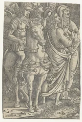 Fragment av en korsfästelse med Johannes evangelisten och Maria och soldater