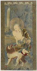 Mannen med lejonet. Målning på siden av Meicho (1427-1532).