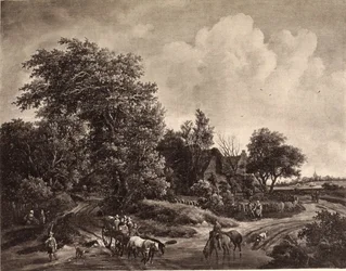 Gård i utkanten av en skog, med vagn och hästar