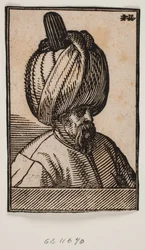 Byst av skäggig man med turban, 3/4 profil åt höger