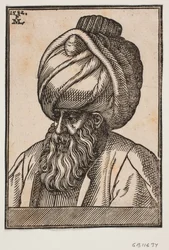 Byst av helskäggig man med turban, 3/4 profil åt vänster
