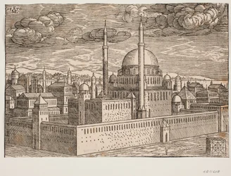 Moské, med två minareter, sett från nordväst; på andra sidan vattnet syns Galata? I det nedre högra hörnet finns en kubiskt formad sten, på vilken en kvadratisk geometrisk figur etsats, en figur som förmodligen visar