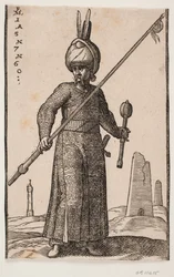 Stående soldat, sedd framifrån; i högra handen en lans med en vimpel på spetsen; i hans vänstra hand, en klubba; på huvudet en turban med två fjädrar; i landskapet, en "fyr" och ett par obeliskliknande byggnader