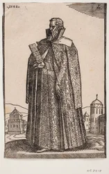 Stående ambassadör i europeisk (venetiansk?) kostym, 3/4 profil till v.; i sin högra hand håller han en portfölj